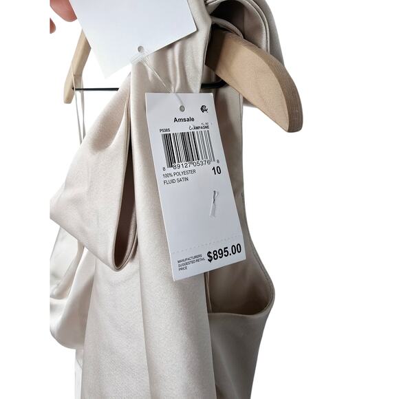 Amsale Dress Size 10 Bow One Shoulder Satin Maxi Gown in Champagne Light Gold - Picture 3 of 8